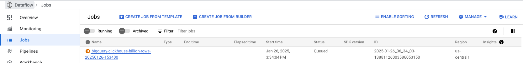 Консоль Dataflow с выполняющимся заданием BigQuery to ClickHouse